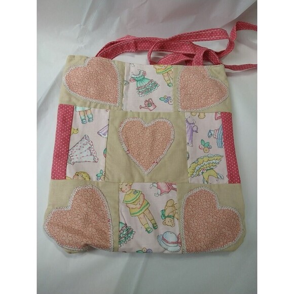 Handmade New Quilted Square Pink Creme Hearts Paper Doll Book Bag/ Library Bag. - Picture 5 of 11